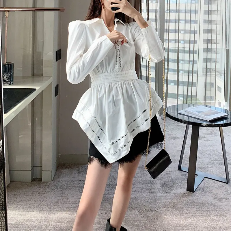 beige womens shirt RICININA, блузка для женщин, с отворотом, длинный рукав, с выемкой, ассиметричная, женская рубашка, весна, повседневная, одноцветная, Женские топы и блузки - Цвет: beige womens shirt