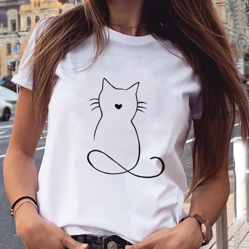 Women Graphic Cat Lovely Animal Fashion Short Sleeve Spring Summer Cartoon Print Female Clothes Tops Tees Tshirt T-Shirt