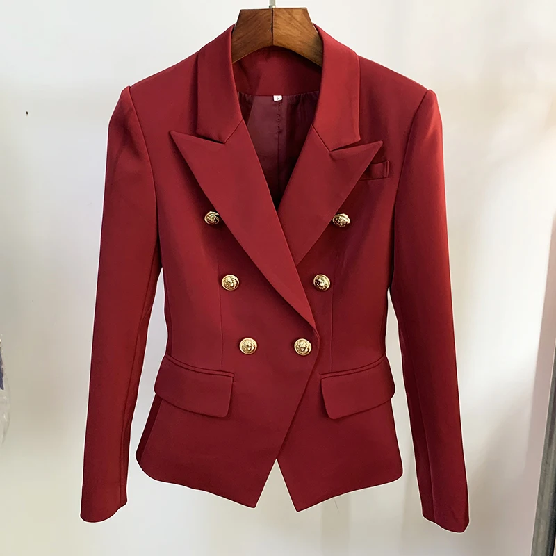 

HIGH STREET 2023 Newest Designer Star Style Blazer Women's Classic Lion Buttons Double Breasted Slim Fit Jacket Burgundy