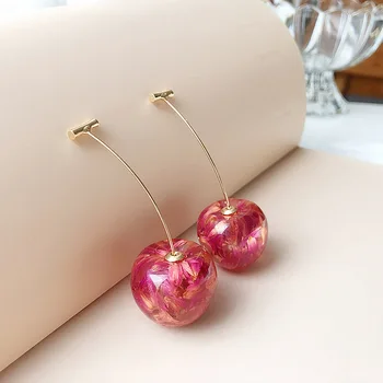 

South Korea Sweet Summer Hipster Fruit Cherry Cherries Petal Earrings Long Ear Stud GIRL'S Versatile Ear Stud
