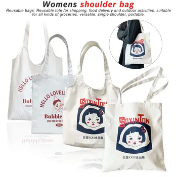 

1Pcs Women's Canvas Shoulder Tote Bag Large Capacity Cotton Cloth Shopping Bags Female Handbag Reusable Beach Shopper Bag