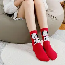 Рождественские красные носки для девочек, 1 пара милые длинные Жаккардовые Носки с рисунком оленя, кошки, собаки Meias, подарок на праздник, 16 цветов