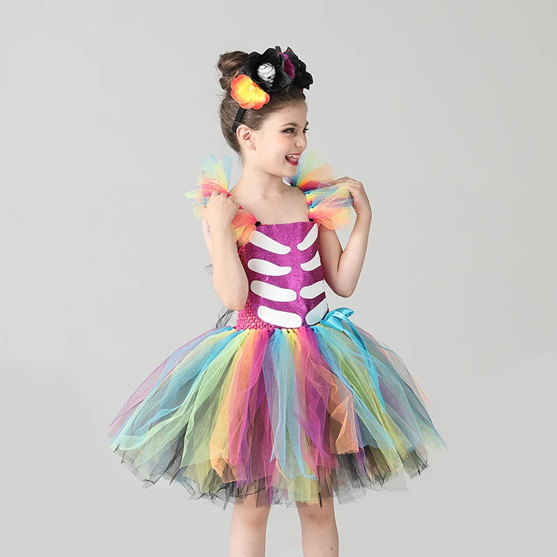 Day of the Dead Girl Skeleton Fancy Tutu Dress Halloween Dress Up Party Kids Baby Costume Funky Punk Bones Tutu Dress for Girls (2)