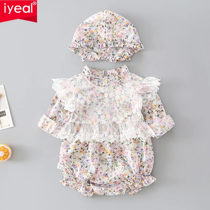 IYEAL Princess Baby Girl Romper With Hat Cotton Long Sleeve Lace Floral Jumpsuit Children Newborn Baby Outfit for Birthday Gifts