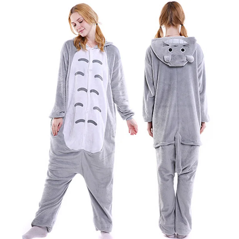 Totoro Кингуруми взрослых животных пижамы, одежда для сна с рисунком персонажей из мультфильмов единорог пижамы устанавливает вышивка гладью акулы, единорог, Для женщин Для мужчин теплая Фланелевая пижама с капюшоном - Цвет: Totoro
