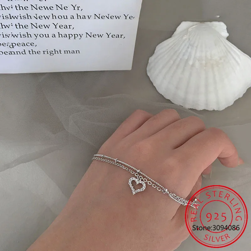 Real 925 Sterling Silver Love Heart Anklets Fashion Geometric Beads Anklets for Women Birthday Gift Fine 925 Jewelry DS3797