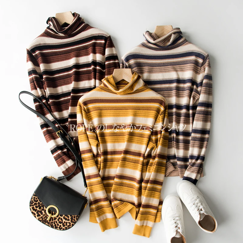 Осенне-зимний свитер с высоким воротом, Женский винтажный вязаный джемпер с высоким воротником, полосатый свитер, мягкий пуловер, модные топы