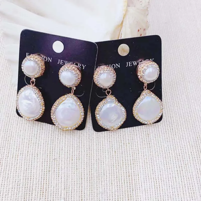 

24K Gold Rhinestone Natural Freshwater Pearl Stud Long Dangle Earring New Fashion Geometric Pearl earring For Lady Woman 1pairs