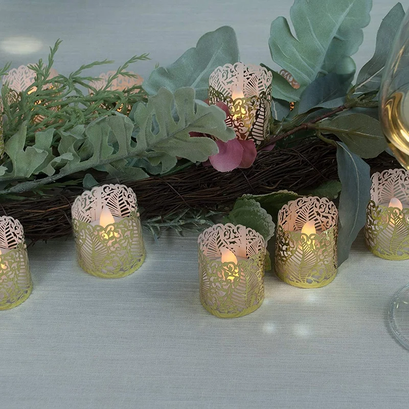 

24 Flameless Flickering LED Tea Light Battery Operated Candles, Holders and Gold Decorative Votive Wraps Christmas Decoration Ca