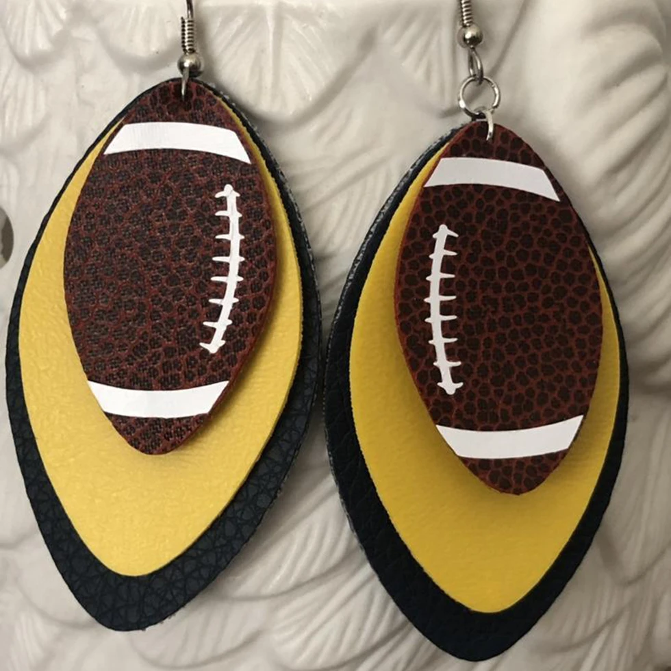 Блестящие ручной работы 3D футбол кожа дух каплеобразные серьги трёхслойная