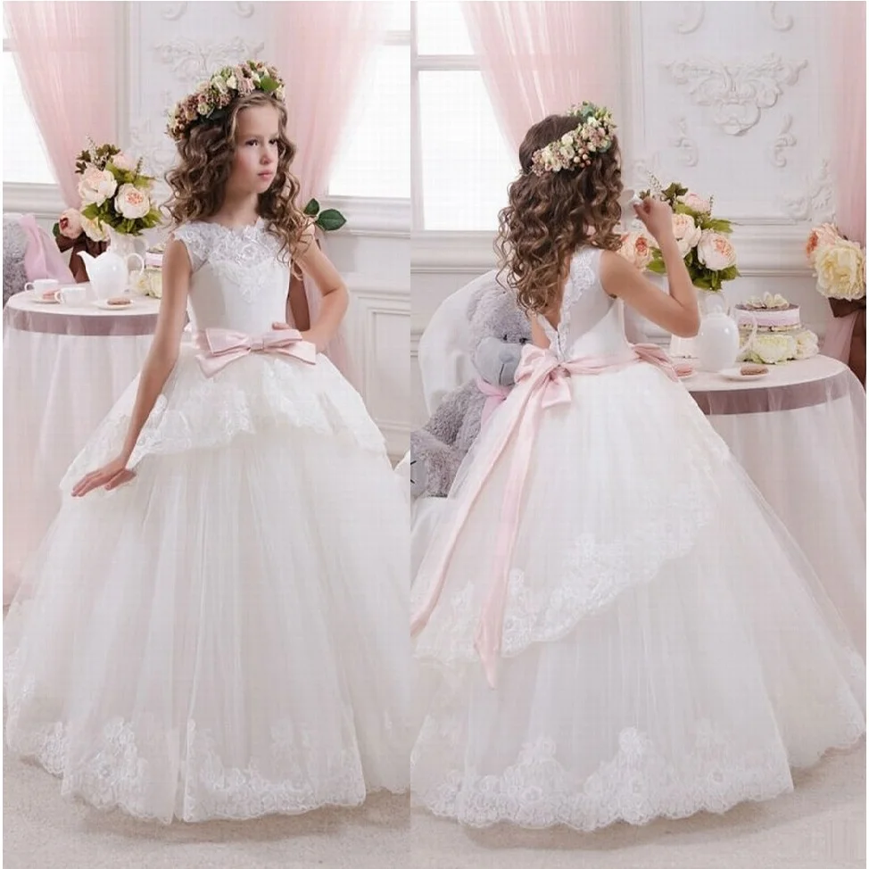 

Kids Flower Girl Dresses For Wedding Pink Sash Lace Sheer Tulle V Back Baby Costume Newborn Girls Dress Pageant Gown Vestidos