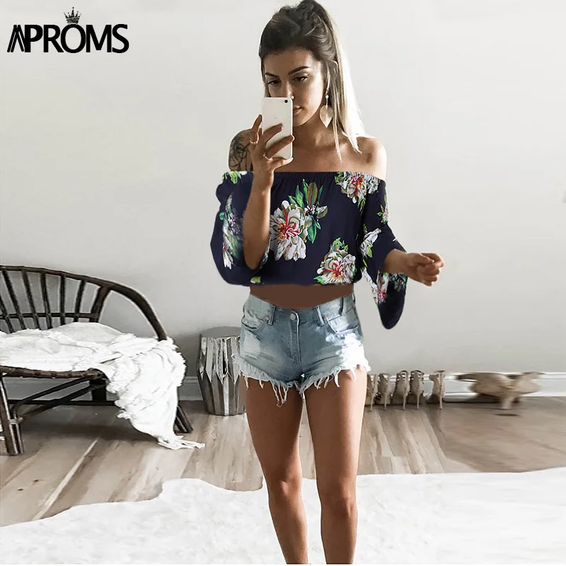  Aproms Flare Sleeve Boho Flower Print Tank Tops Elegant Off Shoulder Crop Top for Women Clothing Su