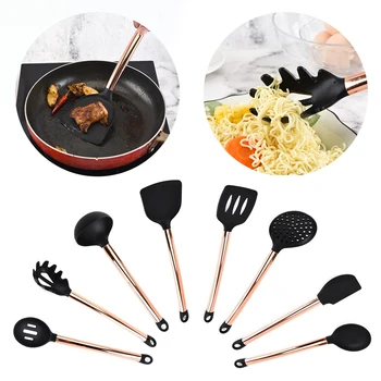

Behogar 8pcs Kitchen Utensil Set Nonstick Silicone Cooking Tools Tongs Spatula Slotted Turner Ladle with Stainless Steel Handle