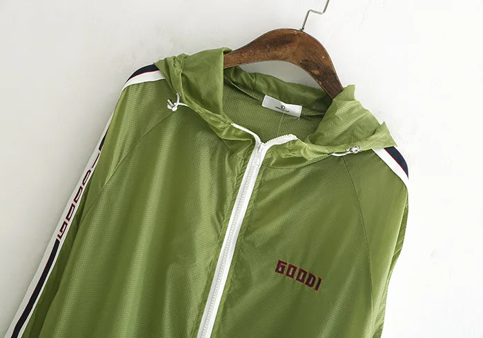 190-0190 корейский стиль, модное летнее тонкое пальто, женские новые продукты, кардиган на молнии с капюшоном, длинный рукав, полосатая рубашка от солнца