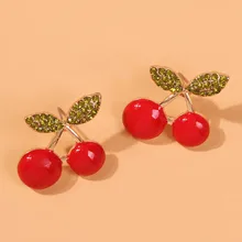 Sıcak kırmızı kiraz küpe tatlı kakma Rhinestone kırmızı meyve uzun altın kolye küpe bayanlar takı hediye öğrencileri küpe(China)