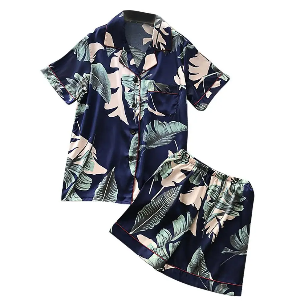 Осенний сатиновый пижамный комплект, Модный женский Шелковый топ с отложным воротником и принтом, штаны, комплект одежды для сна, Pijama Mujer - Цвет: Navy  2