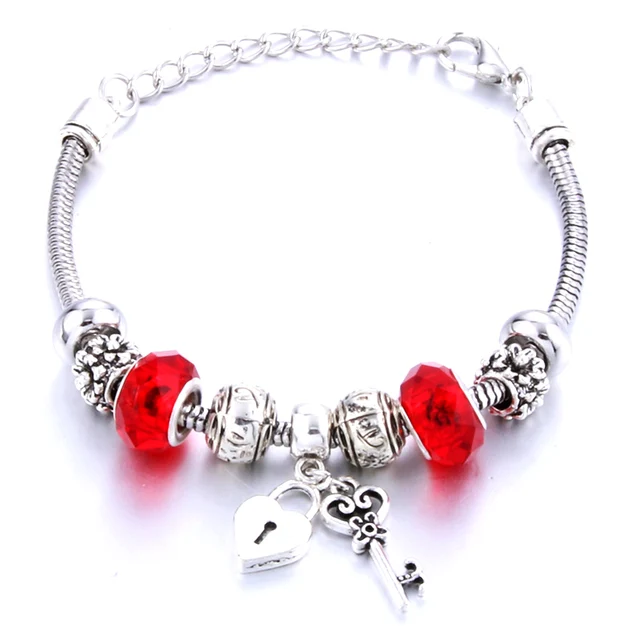 Antique Original Crown key lock Shape 6 colors Charm Bracelets For Women Glass Beads Brand Bracelet & Bangle DIY Jewelry Gifts 0002RD