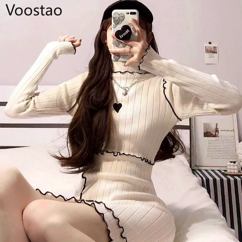 Women Sweet Dress Knitted Robe Long Sleeve Mini Dress Korean Bodycon Pencil Dresses Fashion Y2K Sweater Vestidos Ruffles Clothes