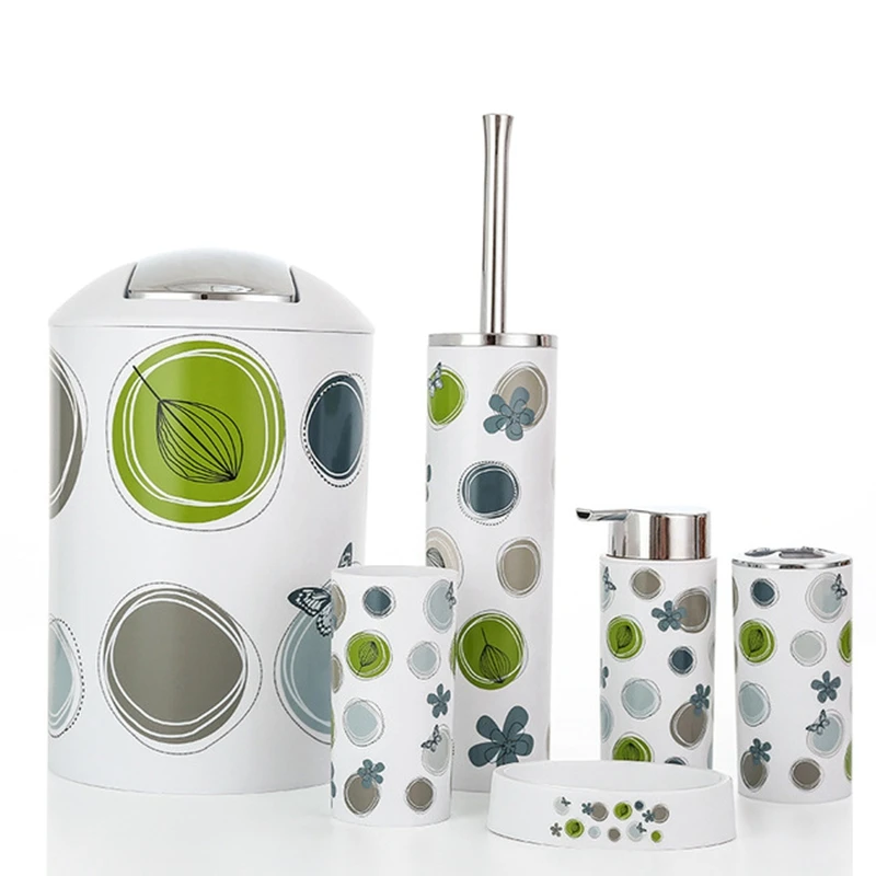 

Nordic 6Pcs/Set Printing Bathroom Accessory Set Lotion Dispenser Toothbrush Holder Tumbler Cup Soap Dish Toilet Brush Trash Can-