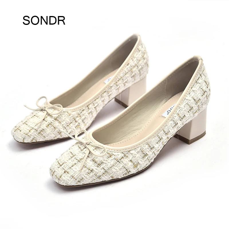 

Med Heels Shoes Women Fashion Brand 2020 Spring Square Toe zapatos de mujer with Bow Elegant Ladies Woolen footware with Fur