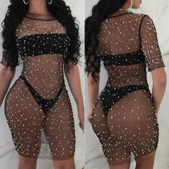 

Fashion Women Sexy Perspective Bathing Suit Lace Mesh Sheer Bikini Swimwear Gauze Nightclub Sequin Transparent Summer Dress