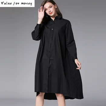 

can 2020 ship spring new loose large size turn down collar long sleeve all-match long shirt for women back pleated