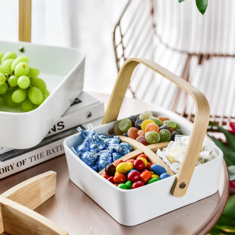 

Simple Ceramic Dried Fruit Tray Kitchen Detachable Storage Tool Snack Storage Tray with Wooden Handle Portable Home Storage
