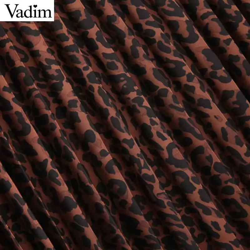 Vadim women leopard print pleated skirt elastic waist animal pattern basic female stylish wild ankle length skirts BA839