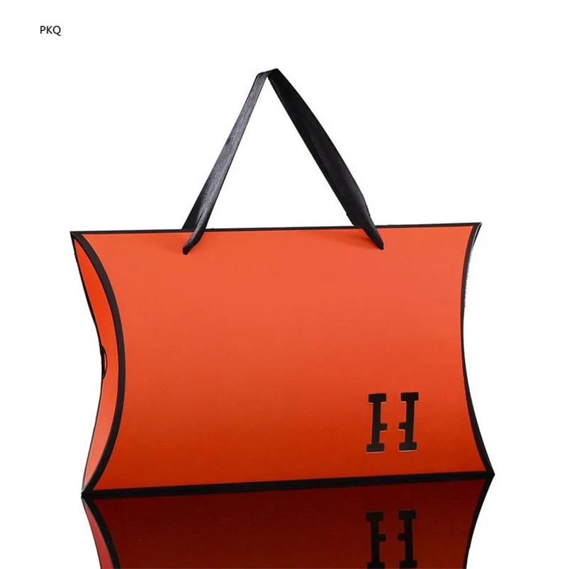 

15pcs Large Orange color Cardboard Gift Box Black Paper Candy Packaging Pillow Box with Handle White Carton Silk Scarf Craft Box