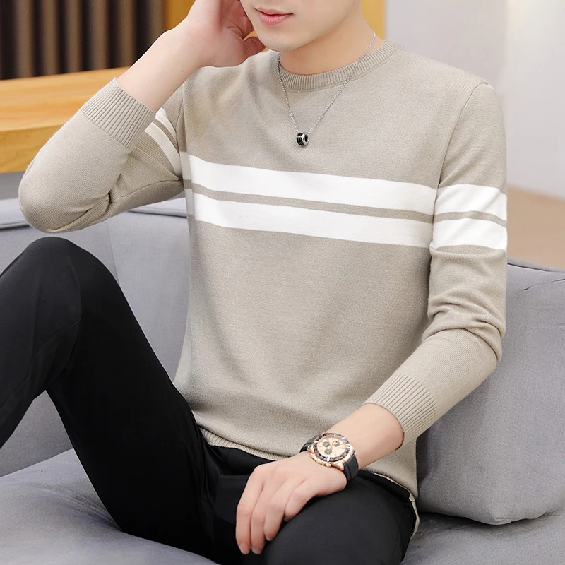 2019 autumn and winter men's round neck sweater Men's warm bottoming sweater men's casual striped soft and comfortable sweater