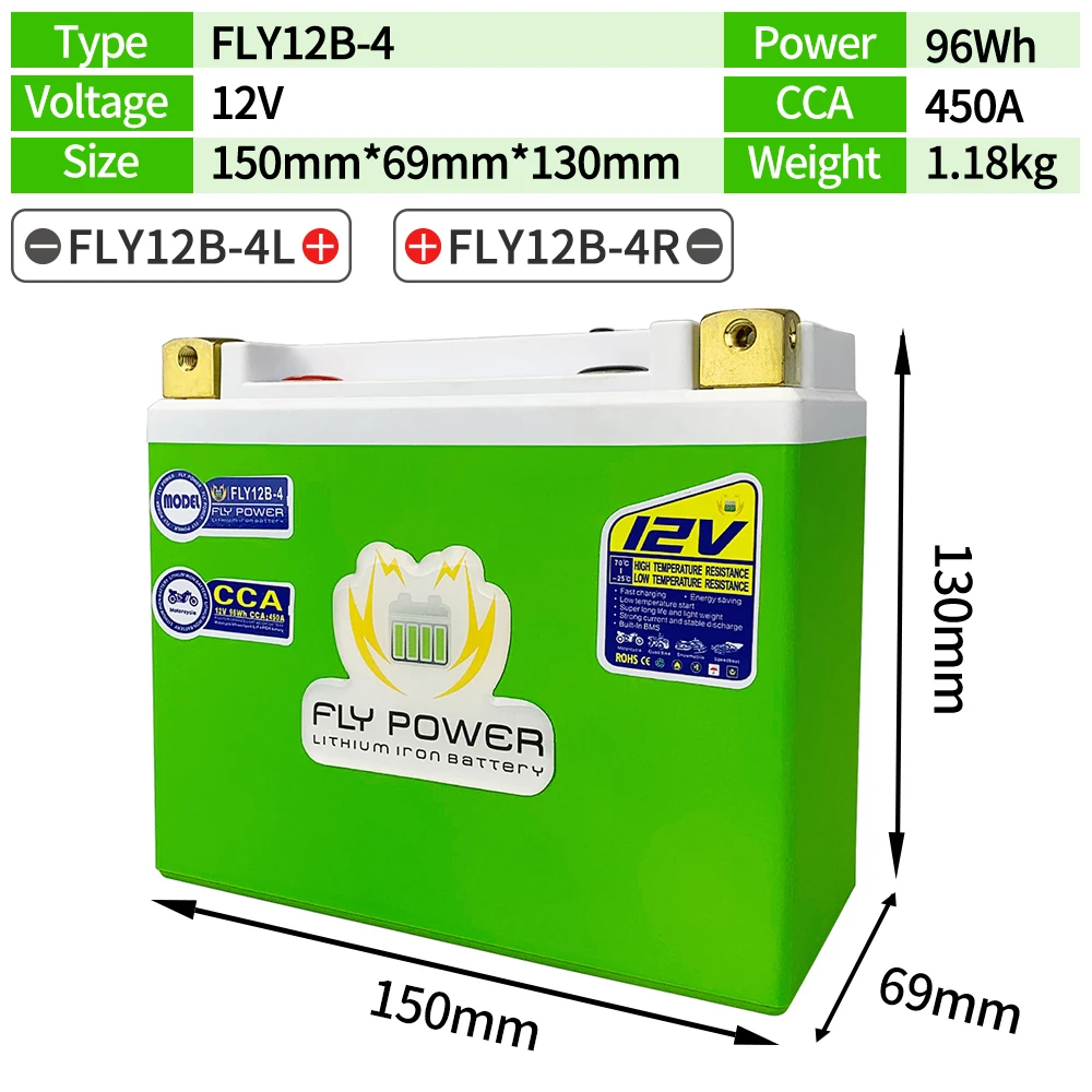 Fly12B-4 Cca 450A 96Wh Moto 12V Lifepo4 Batteria Al Litio Scooter Batterie 12V Per Atv Utv Gt12B-4 Yt12B-Bs Ut12B-4 Yt12B