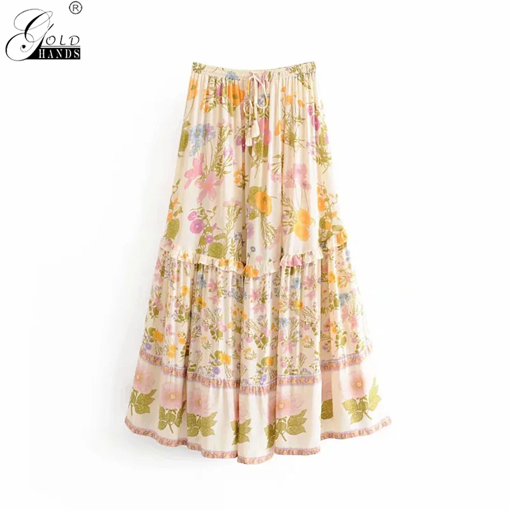 Золотые руки модные повседневные Jupe женские гофрированные длинные юбки Boho шикарные летние женские цветочные печати кисточкой лук шнурок юбка