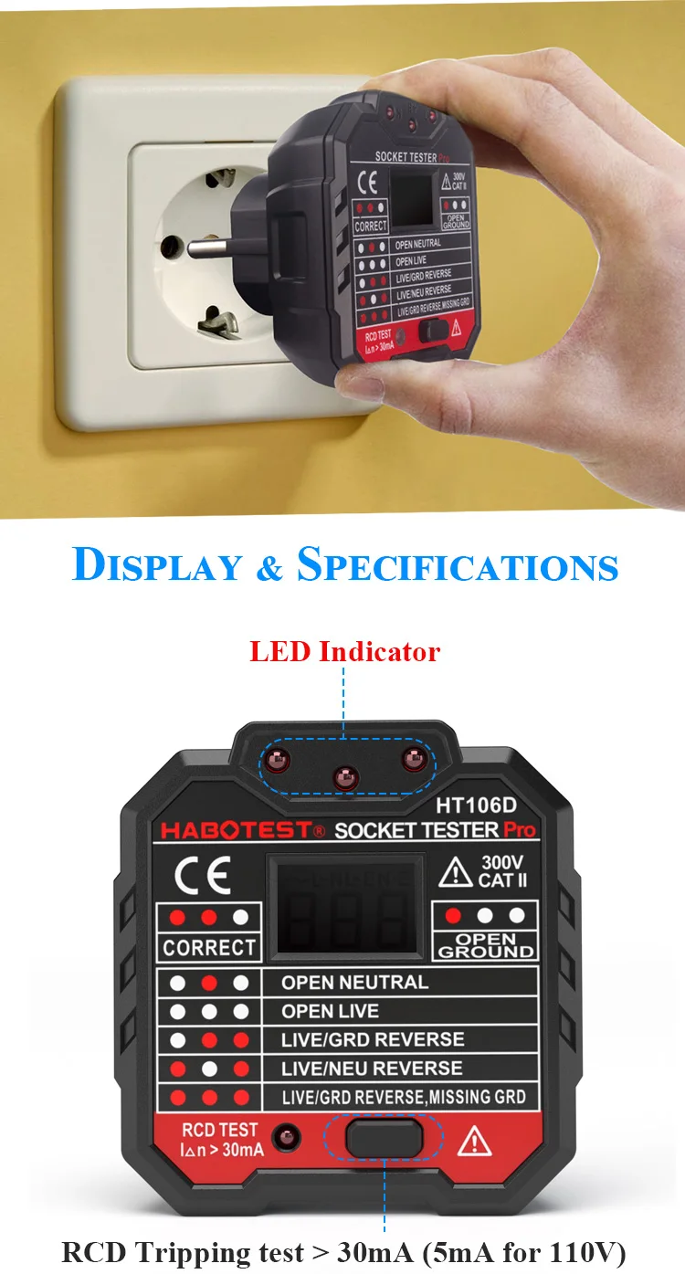 Test de tension Détecteur de socket Détecteur de fuite de test RCD