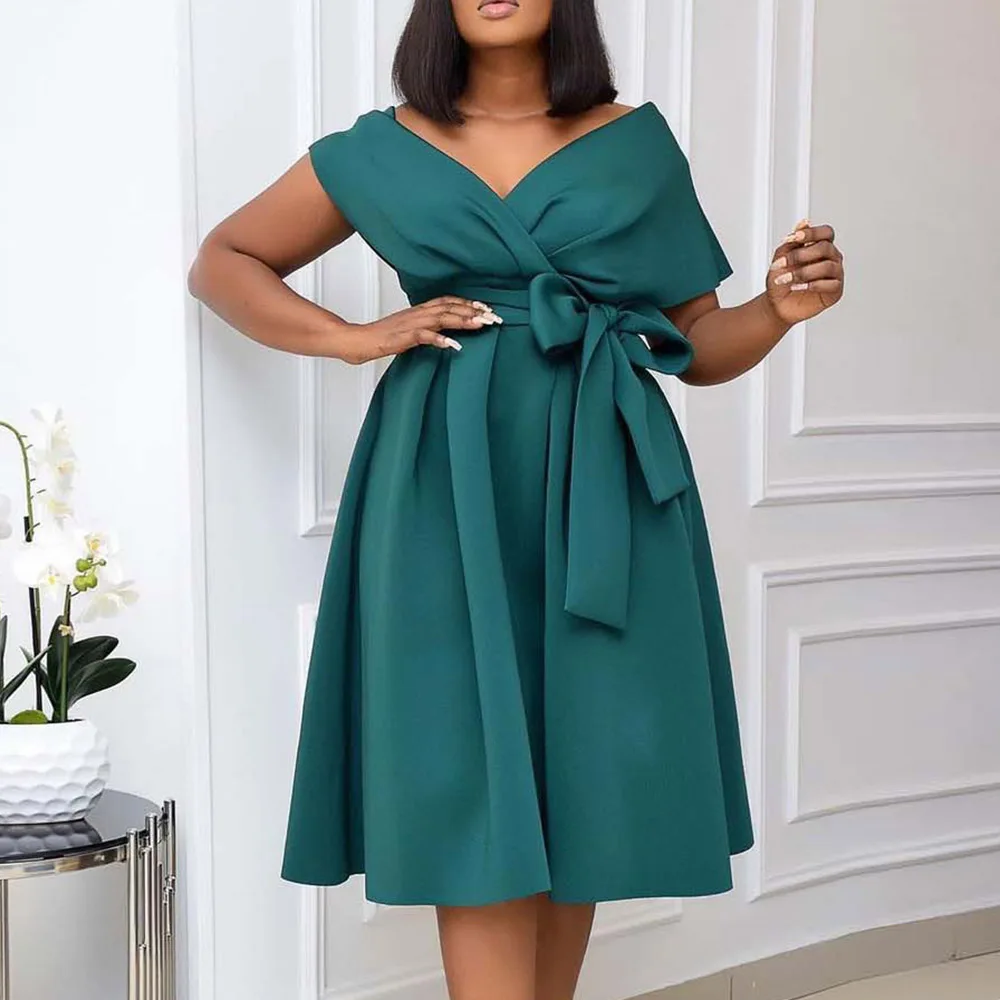 

Elegant Women Party Dress Sexy Deep V-neck A Line African Dresses Lace Up Bowknot Ladies Office Plus Size Vestidos Robes Female