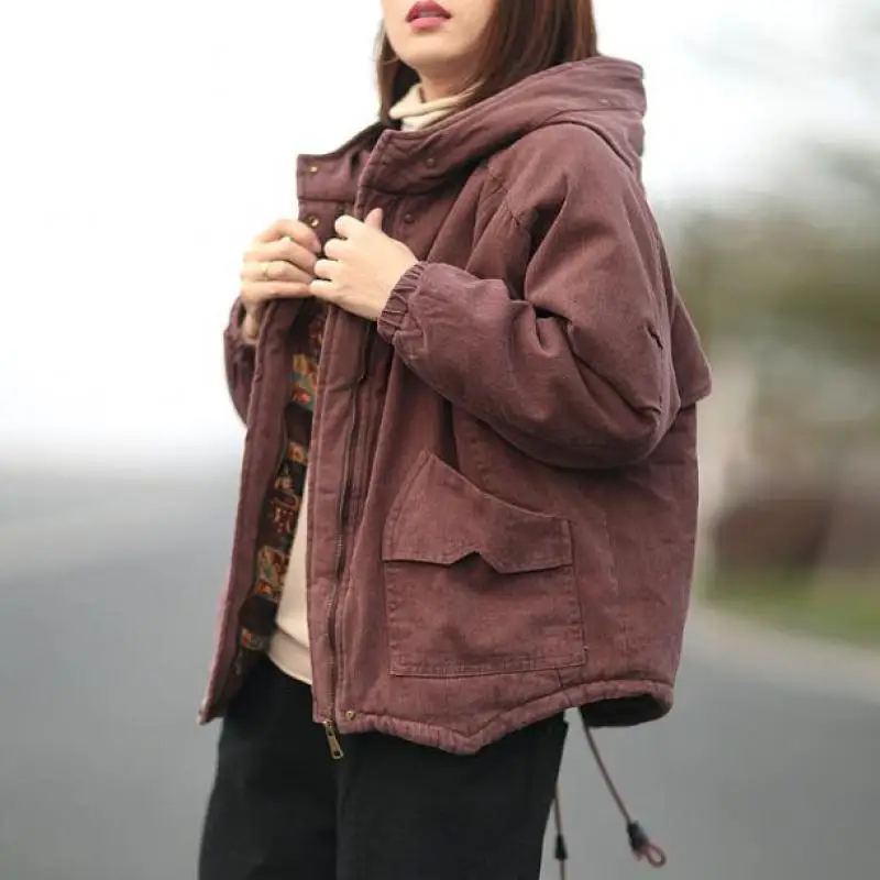 

Johnature Short Jackets Leisure Women Clothes 2019 New Winter Coat Thick Zipper Loose Turn-down Collar Casual Womens Jackets