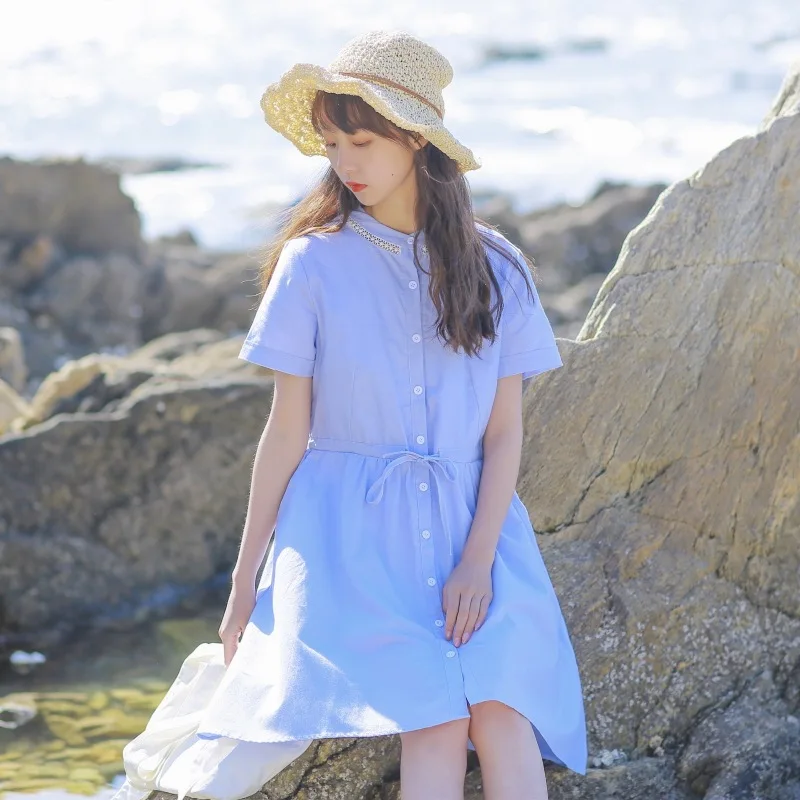 

2019 Summer Wear New Style Mori Girl Line Hipster Solid Color Simple Literature And Art Slimming Students Cotton Short-sleeve Dr