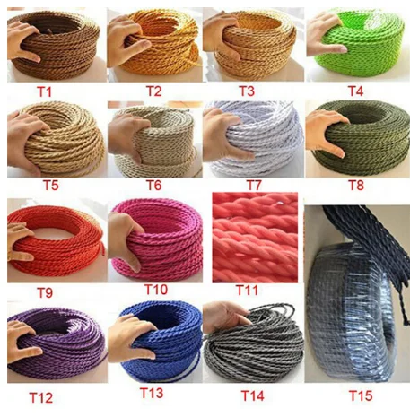 

50m lot 3 cores colors fabric wire 3*0.75mm cable retro textile woven mesh cable wire and the color