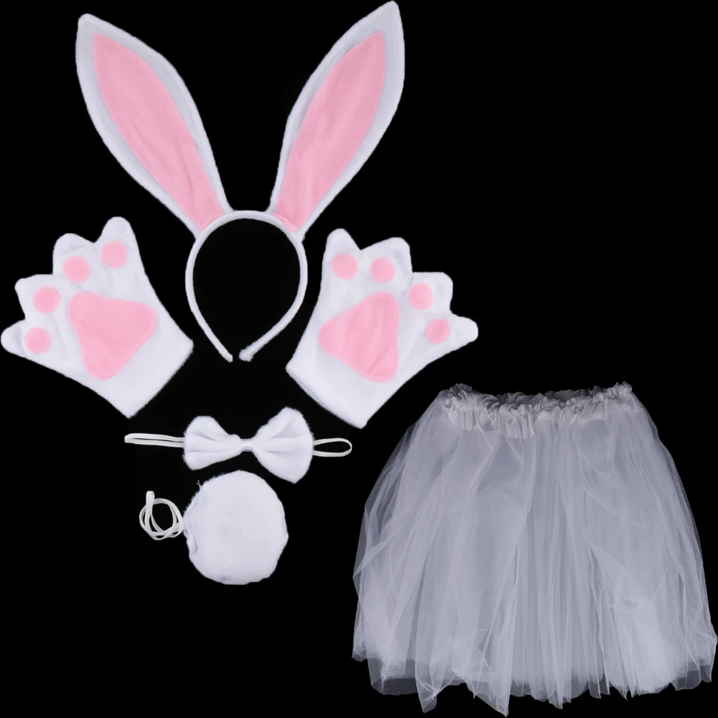Easter Girls Women Birthday Pink White Rabbit Costume Set Ear Headband TUTU Skirt Bowtie Gloves Tail Fancy Dress Outfit
