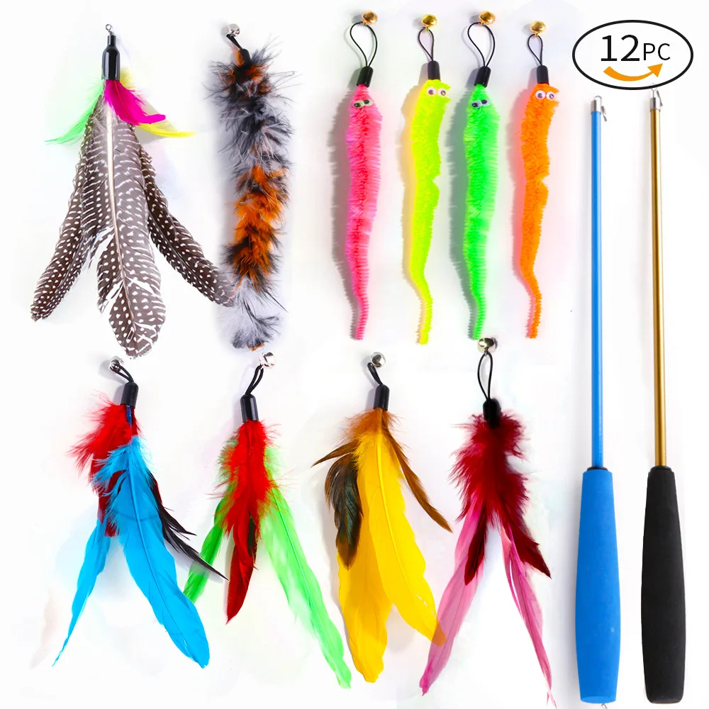 12 Pcs Funny Cat Toy Set Colorful Feather Replacement Interactive Cat Toys Kitten Feather Teasing Wand Toy Fishing Rod Gatitos 