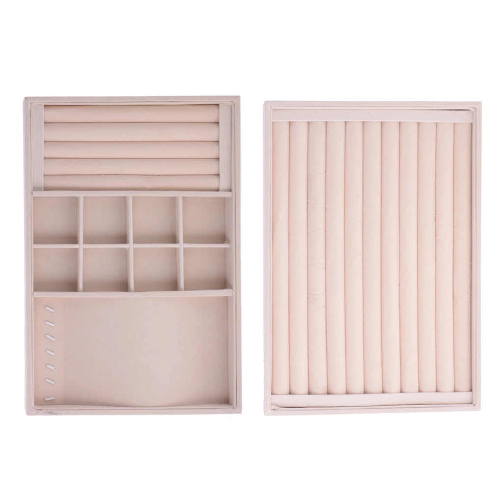 2 Pieces Stackable Velvet Jewelry Tray Earring Necklace Bracelet Ring Organizer Display Storage Box - Beige