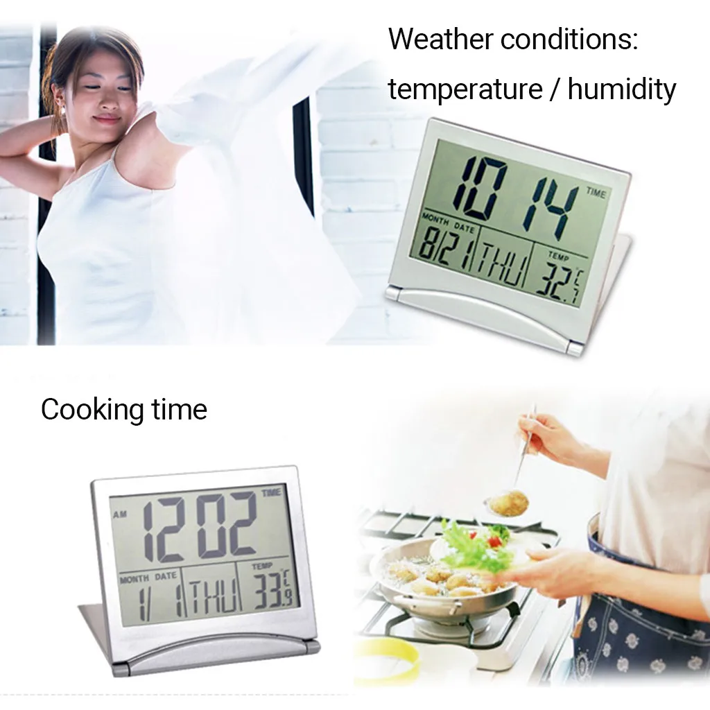 Digital LCD Weather Station Folding Alarm Clock Date Desktop Temperature Travel Clock With 8 Optional Music and Snooze Functions