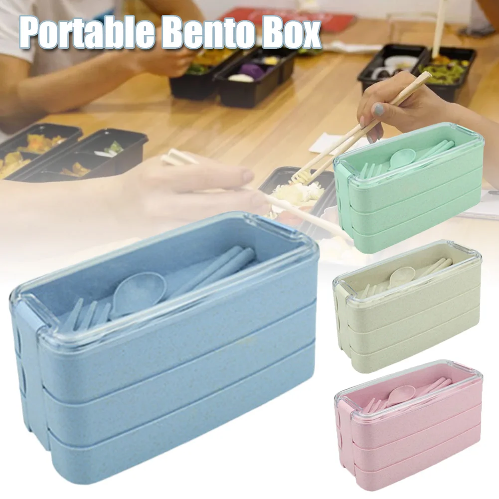 

3 Layers Divided Lunch Box Flip Food Prep Containers Storage Straw Box for Office Worker Students PI669
