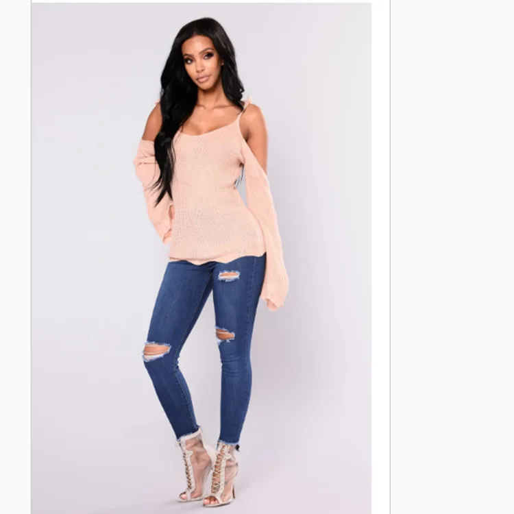 Синие джинсы 2019 новые узкие брюки женские средняя талия тонкие рваные