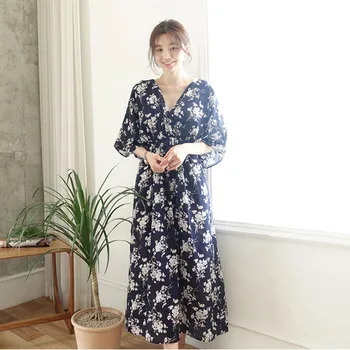 

YAMDI midi print dress women korean elegant woman vintage v neck party loose 2020 a-line long sleeve spring summer dresses robe