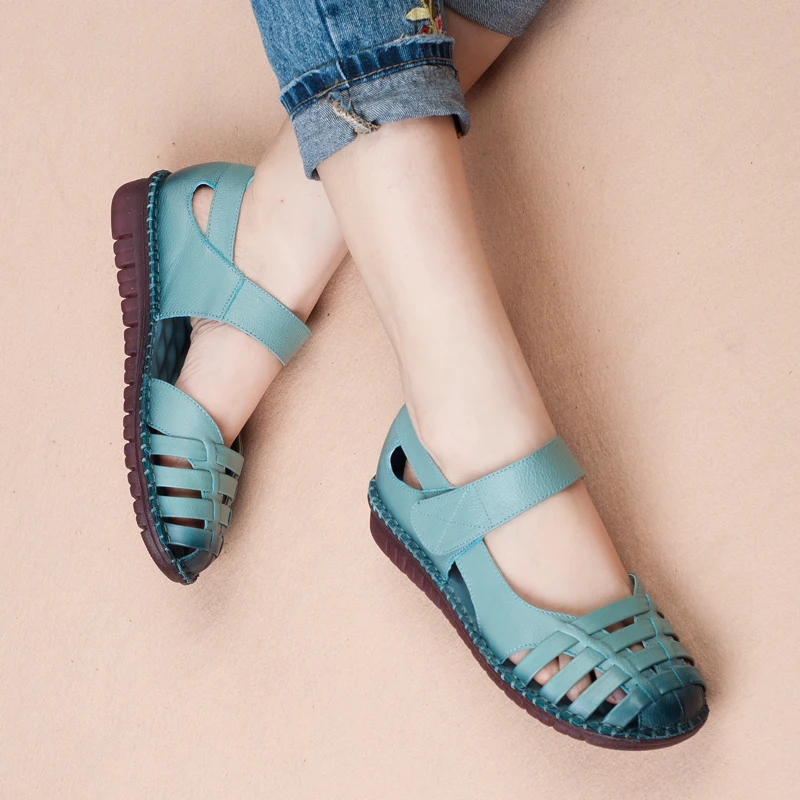 

Summer Soft Sole Flat Genuine Leather Women Shoes Hollow Out Round Toe Classic Platform Casual Ladies Sandals Zapatos De Mujer