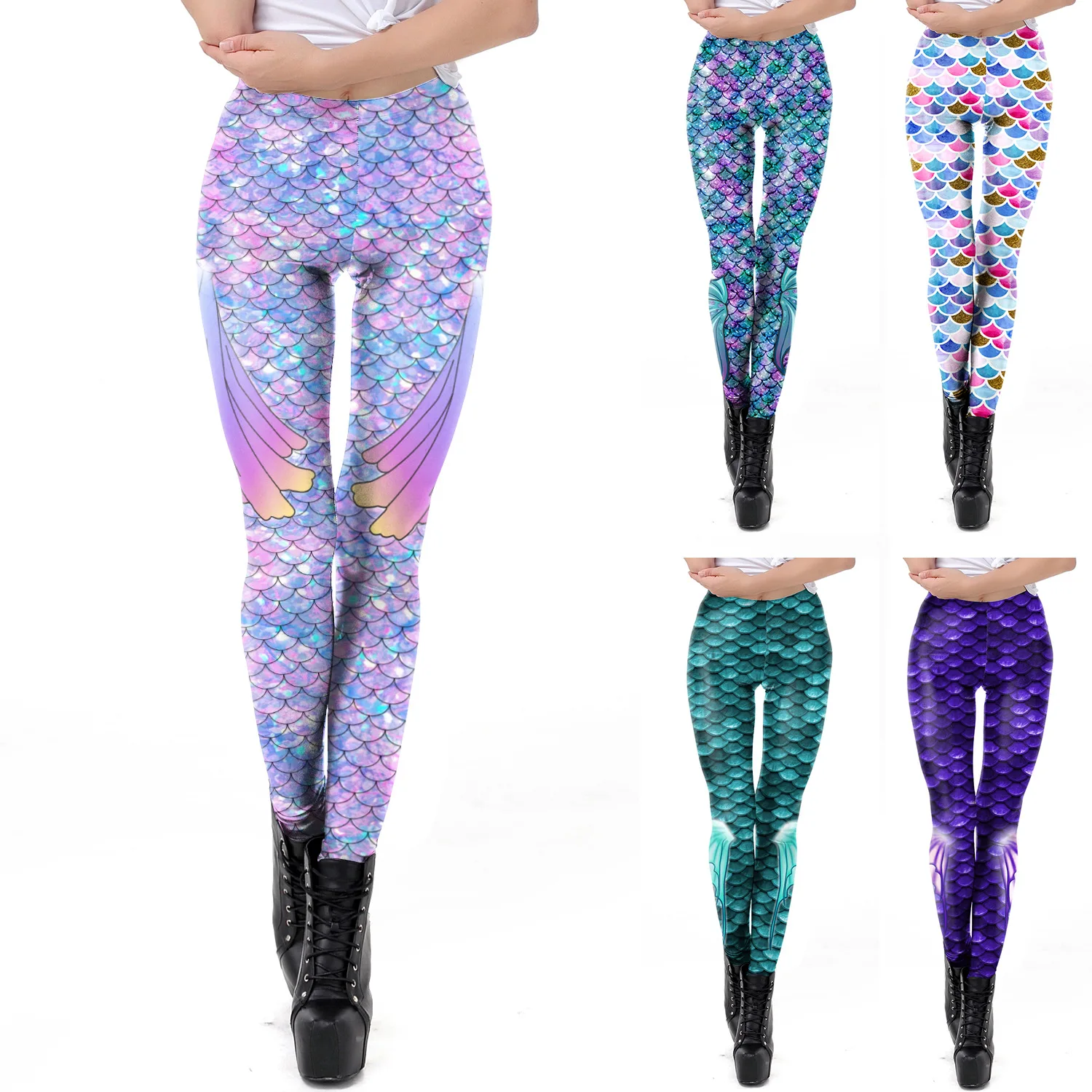 

Multicolor Shiny Leggings Women's Fish Scale Pattern Stacked Leggings Ankle-length Slim Sport Leggings for Woman Clothes