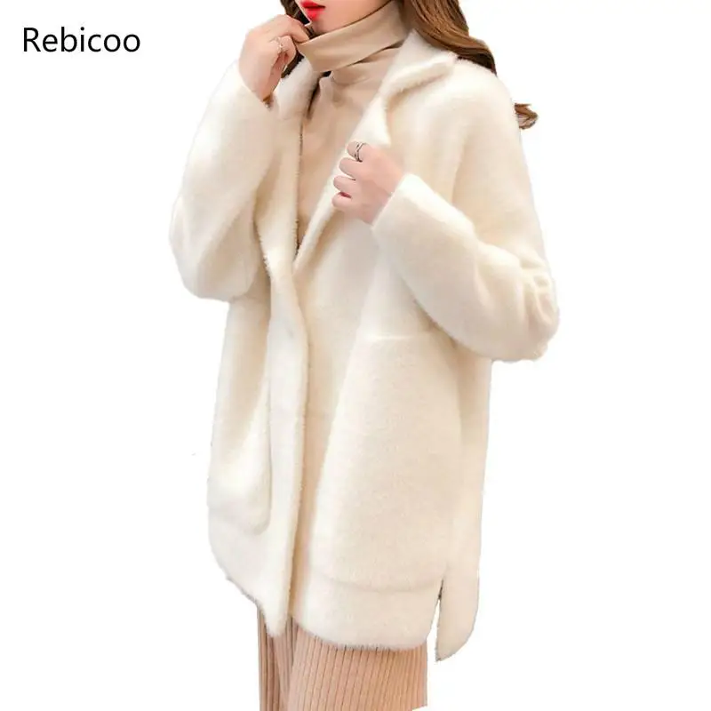 

Women 2019 Spring Autumn Faux Mink Cashmere Cardigan Female Elegant Solid Sweater Cardigan Lady Thick Warm Knitted Sweaters