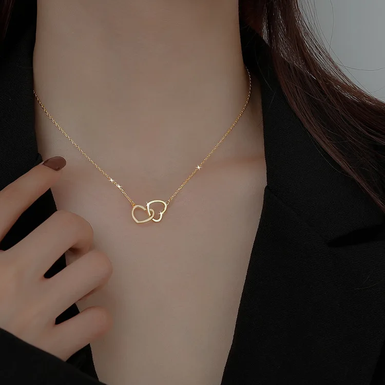 

New 925 Sterling New Love Double Heart-shaped Connected Hollow Pendant Necklace Light Luxury Female Clavicle Chain