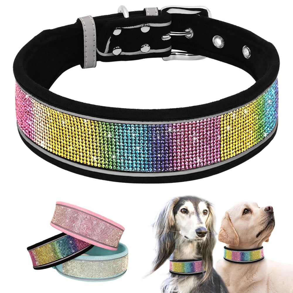 Collar con diamantes de imitación para perros, collares reflectantes anchos para perros, accesorios de cristal para perros pequeños y grandes, Pitbull|Collares| - AliExpress