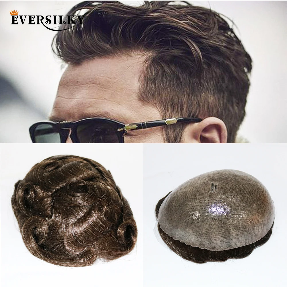 Eversilky Durable Skin Natural Hair Men Toupee Natural Looking Indian Remy Hair Clear Poly Base Human Men Hair Replacements